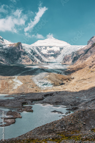 Panoramic view of Johannisberg peak and Pasterze Glacier, Austria's largest glacier .