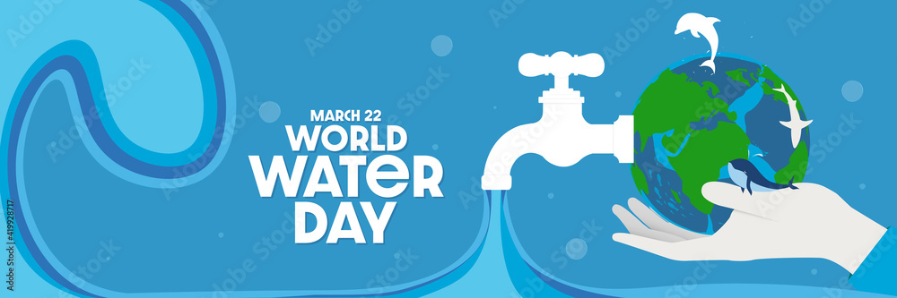 Fototapeta premium Save water world water day header - handhold faucet or water tap with water out to the earth.