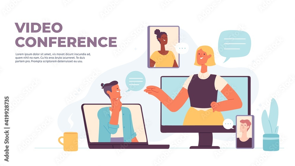 Video conference. Virtual call with people chat on computer, smartphone, tablet and laptop screen. Gadgets for online meeting vector concept Video conference. Virtual call with people chat on computer, smartphone, tablet and laptop screen. Gadgets for online meeting vector concept
