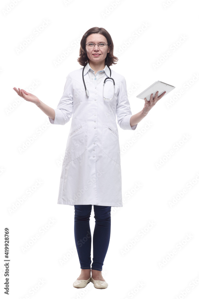 female doctor with a digital tablet. isolated on a white female doctor with a digital tablet. isolated on a white