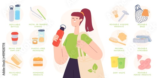 Zero waste tips. Reduce plastic by using recyclable and reusable products, bottles, cutlery and bags. Sustainable living vector infographic