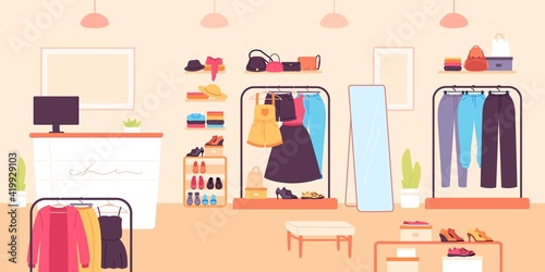 Fashion store. Clothing retail shop for women with dresses, shoes and bags. Boutique room with counter and clothes on shelf, vector interior