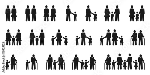 Family icons. Diversity couples and families, traditional, lgbt partners and single parents. Grandparents and children pictograms vector set