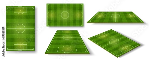 Football field. Soccer pitch scheme top, side and perspective view. Realistic european football court or stadium with green grass vector set photo