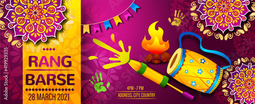 illustration of  Colorful splash for Holi background for Festival of Colors celebration with message in Hindi Holi Hai meaning Its Holi