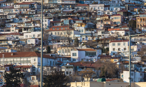 One of the districts in the city of Baku with houses located in a cascade on the mountain