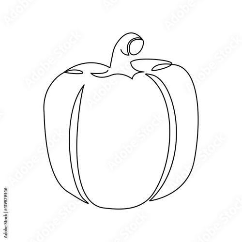 Bitki logosu kimliyi üçün bütün sağlam üzvi qırmızı bibər çəkən bir fasiləsiz xətt. Meyvə tərəvəz ikonası üçün təzə bolqar bibəri konsepsiyası. Müasir tək xəttli dizayn vektorlu qrafik təsvir