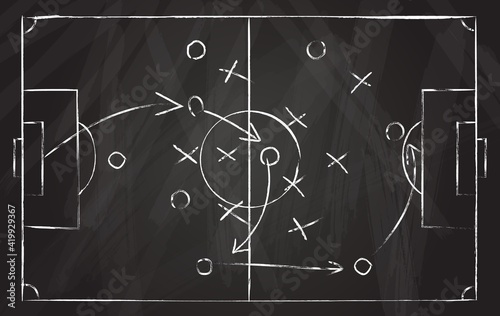 Football tactic scheme. Soccer game strategy with arrows on black chalk board. Coach attack plan for play on field top view vector concept