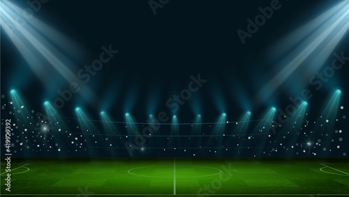 Soccer arena. Realistic european football stadium with grass field, lights and spotlights. 3d ball sport game playground vector night scene