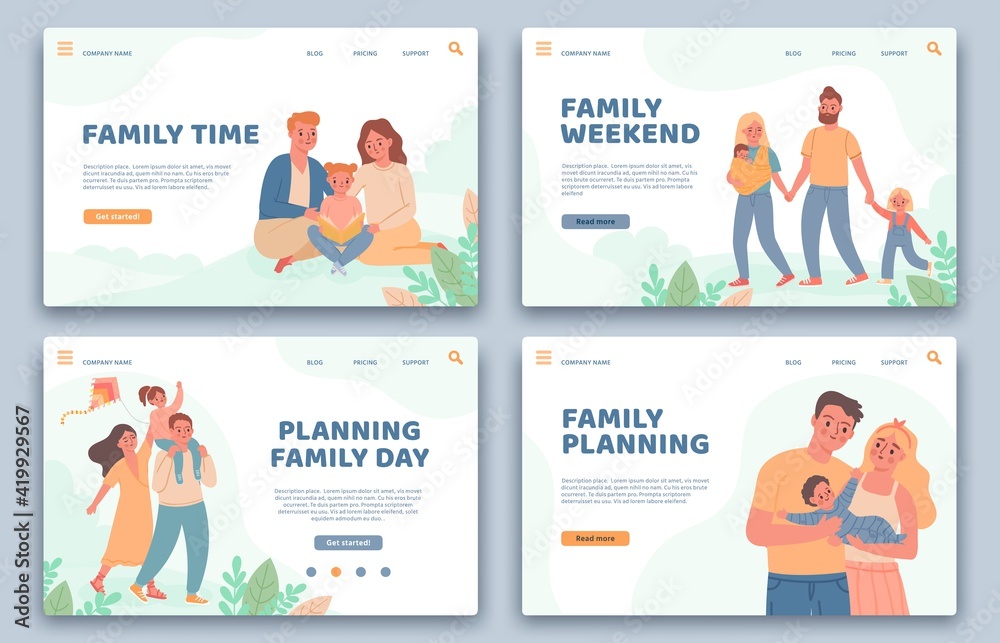 Happy families landing pages. Active parents and child on vacation. Website for family planning, healthy life and leisure time vector set