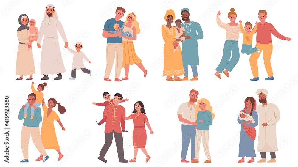 Families of different nationalities. Parents and children wearing traditional clothes. Arabic, african, indian and chinese family vector set