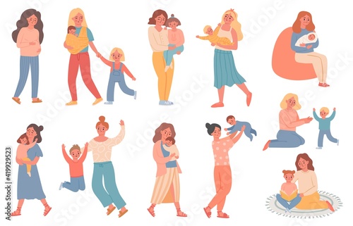 Fototapeta Naklejka Na Ścianę i Meble -  Mother and kid. Pregnant woman, mom play with son, hold baby, hug daughter and read book. Happy mothers day. Single parent family vector set