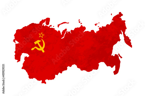 USSR country silhouette, soviet sickle and hammer symbol on red