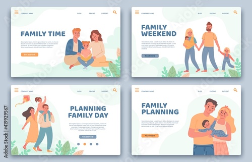 Happy families landing pages. Active parents and child on vacation. Website for family planning, healthy life and leisure time vector set
