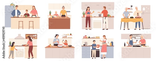 Family cooking at home. Parents, grandparents and kids preparing food for dinner, bake cookies and cake. Mom and child at kitchen vector set