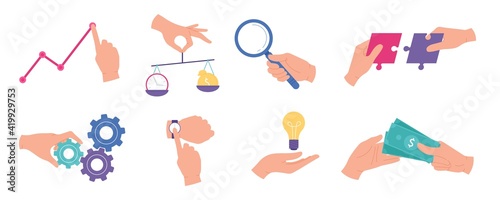 Businessman hands. Business analysis and statistic, research work, teamwork, time management, creative ideas and audit concepts vector set