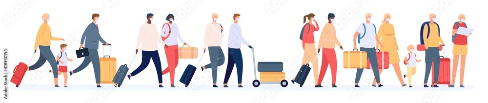 Tourists group with suitcases. Traveling families crowd with luggage in airport queue. People in masks in tour. Safe vacation vector concept Tourists group with suitcases. Traveling families crowd with luggage in airport queue. People in masks in tour. Safe vacation vector concept