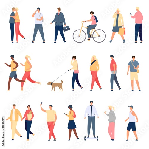 People walk. Flat characters walking with dog outdoor, riding bicycle and hoverboard and running. Men and women crowd on street vector set