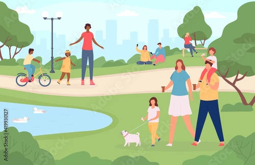 People in city park. Happy families walking dog, playing in nature landscape and riding bicycle. Cartoon outdoor activities vector concept
