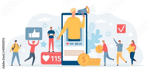 Referral program. Man with megaphone on phone screen invite friends and get money. Social media marketing, loyalty programs vector concept