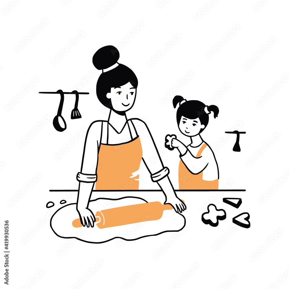 Hand drawn young woman and child cooking together. Cartoon character smiling and cute. Doodle sketch style illustration. Concept of mom and daughter, cooking with kids, family lifestyle. Hand drawn young woman and child cooking together. Cartoon character smiling and cute. Doodle sketch style illustration. Concept of mom and daughter, cooking with kids, family lifestyle.