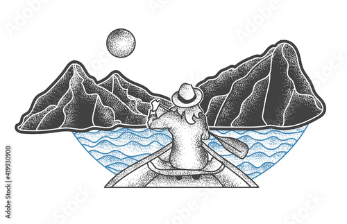 Girl boating in the lake surrounded by mountains illustration. Vector illustration