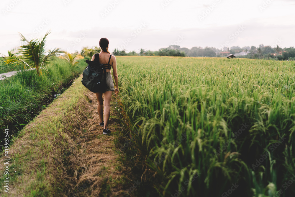 Faceless woman strolling in green field