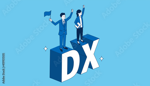 DXの文字の上に立つビジネスパーソン、3Dイラスト、ベクターイラストレーション