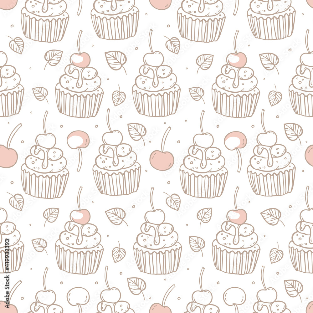 Outline drawing in a hand-drawn style. Cupcake decorated with cherries and chocolate. Leaves and abstract dots on a white background. Drawing of a festive dessert. Seamless pattern, print for fabric.