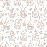 Outline drawing in a hand-drawn style. Cupcake decorated with cherries and chocolate. Leaves and abstract dots on a white background. Drawing of a festive dessert. Seamless pattern, print for fabric.