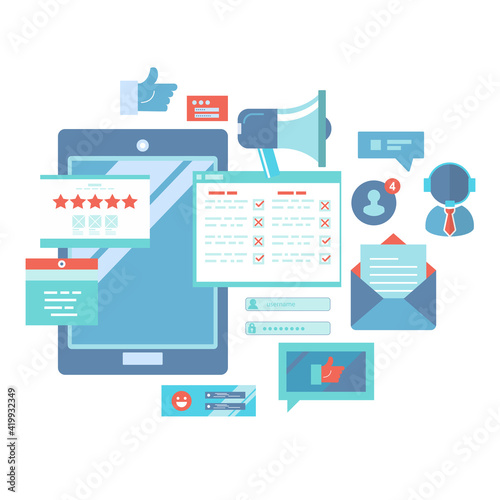 Business customer care service concept. Icons set of contact us, support, help, phone call and website click. Man sitting on the floor and holding lap top with telephone by his side. Flat vector