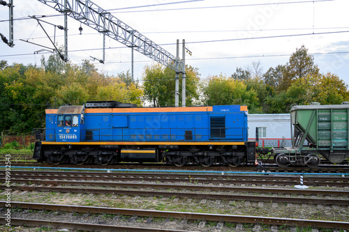 Shunting diesel locomotive TEM18D-128 at Klin station of October Railway, Klin, Moscow region, Russian Federation, September 27, 2020