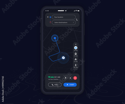 Smartphone map GPS navigation app dark mode ux ui concept, Mobile map application, App search map navigation, Technology map, City street navigation maps, gps tracking, App dark mode, Vector