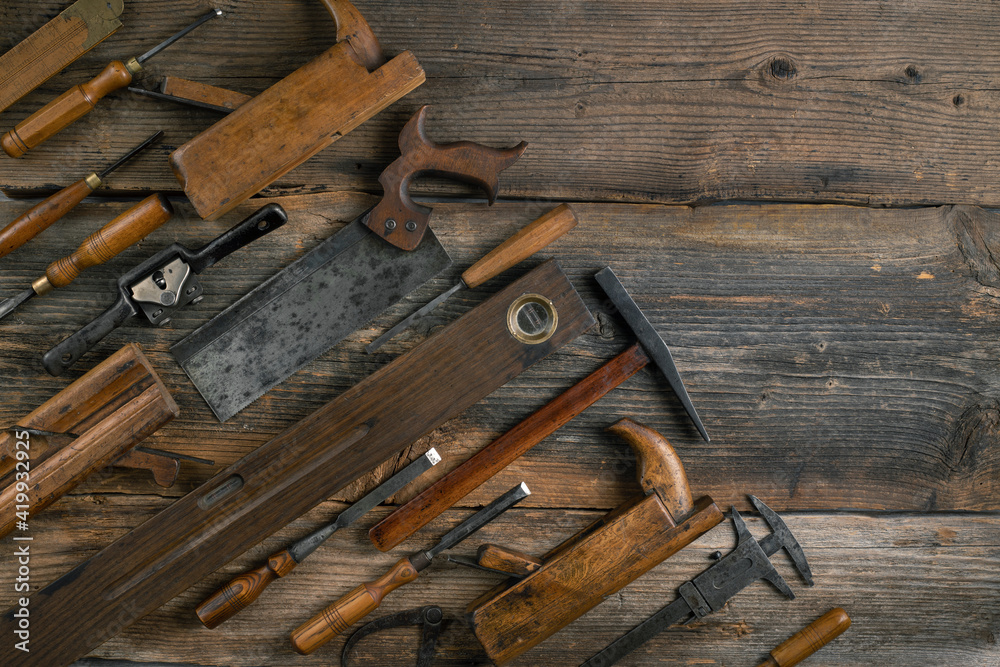 Joinery tools on wood table background with copy space Joinery tools on wood table background with copy space