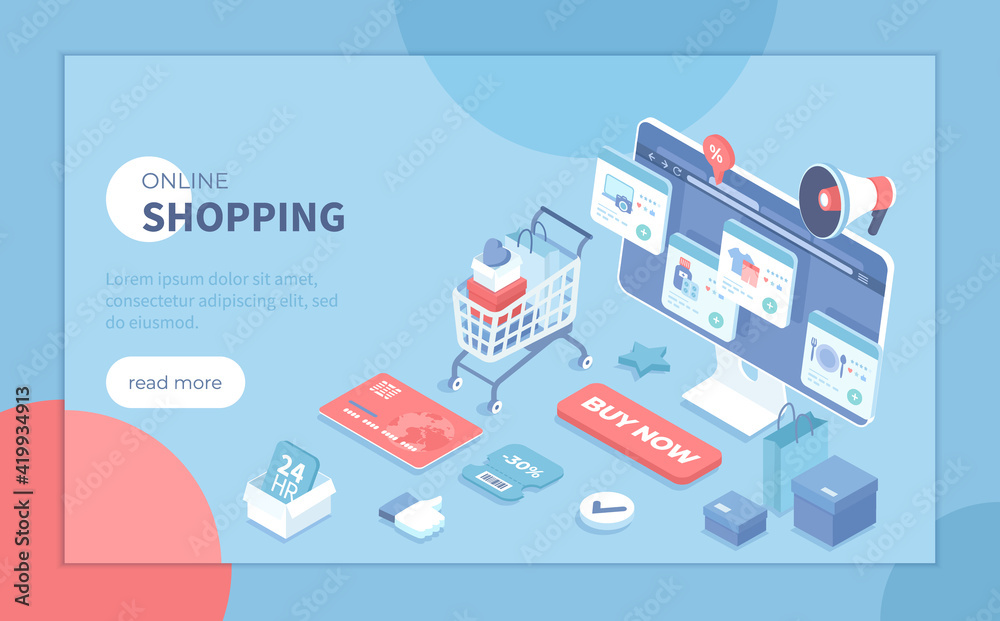 Online shopping, internet retail. Buying payment online. Application service website banking. Online store cart, credit card, megaphone, discount, sale. Isometric vector illustration for banner, web
