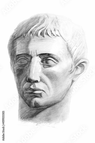 Drawing of the sculpture of the head of Germanicus. Isometric projection. Academic pencil drawing. Old drawing