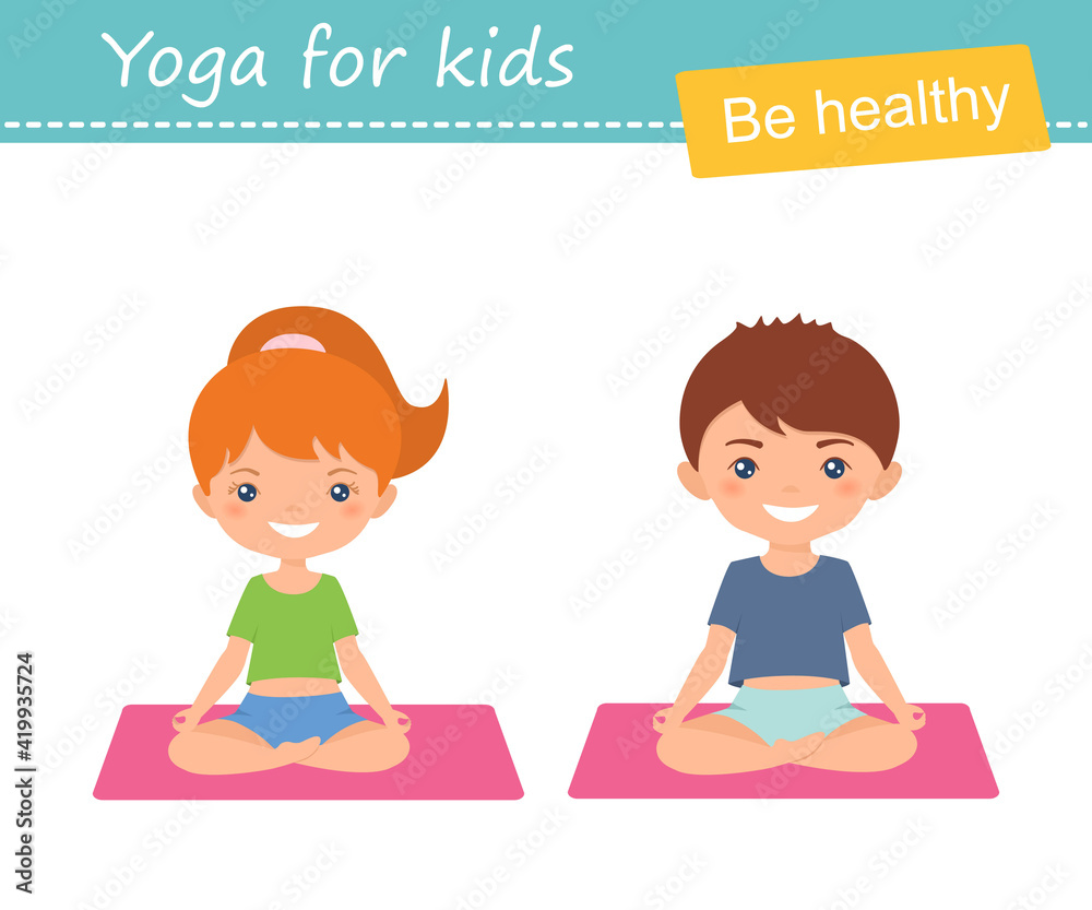 Cute chibi boy and girl practice yoga isolated on white background. Cartoon flat style Cute chibi boy and girl practice yoga isolated on white background. Cartoon flat style