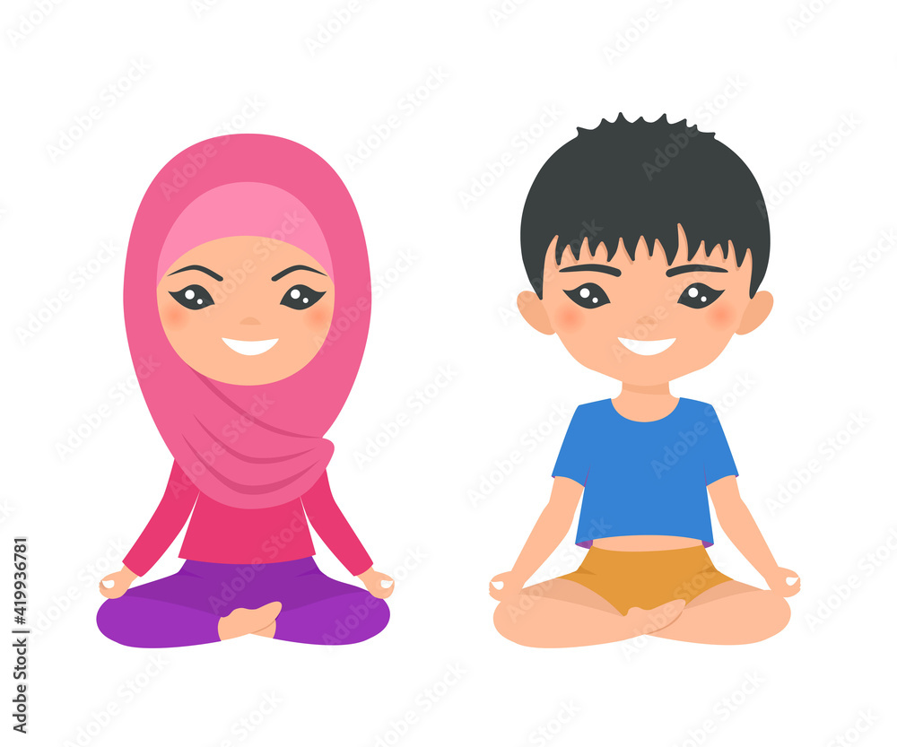 Cute muslim chibi boy and girl practice yoga isolated on white background. Cartoon flat style Cute muslim chibi boy and girl practice yoga isolated on white background. Cartoon flat style
