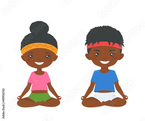 Cute african american chibi boy and chibi girl practice yoga isolated on white background. Cartoon flat style