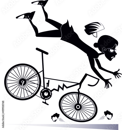 Cyclist woman falling down from the bicycle illustration. Cyclist woman falling down from the broken bicycle black on white illustration
