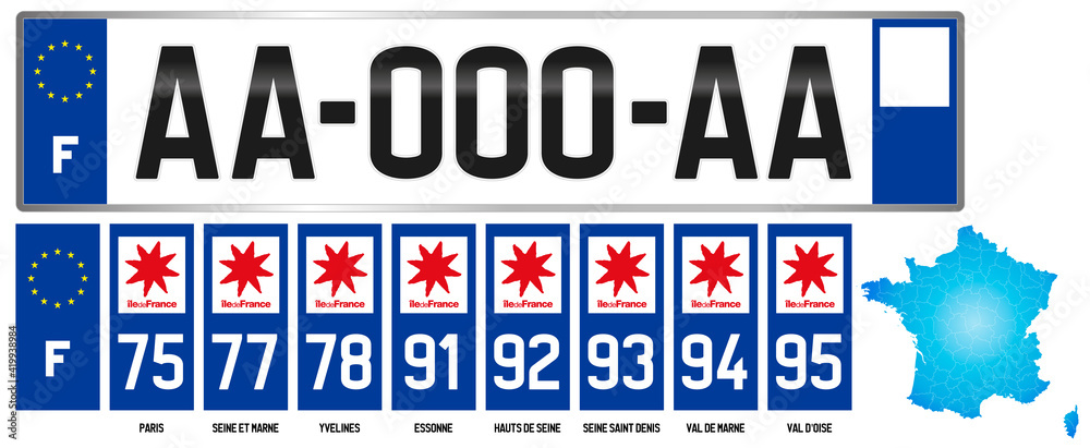 Fototapeta premium Ile-de-France, french license plate, detail of the side label of the department, vector illustration