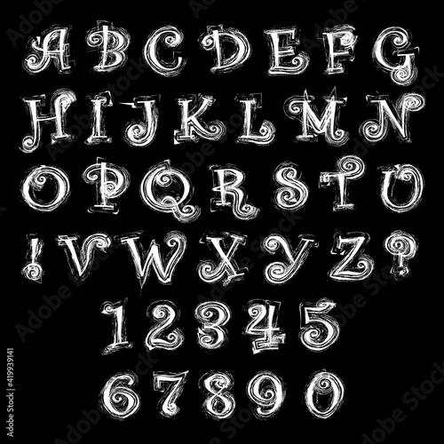 Raster set: capital letters of the Latin alphabet, exclamation mark, question mark and numbers: 1, 2, 3, 4, 5, 6, 7, 8, 9, 0. White abstract elements on a black background.