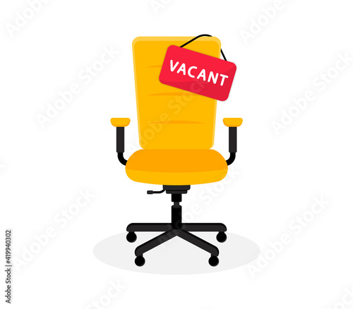 Office chair with a sign vacant. Business recruitment concept. We are hiring, open vacancy. Hiring and recruiting banner concept. Empty office chair. Vector illustration.