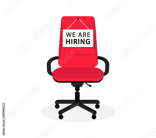 Office chair with a sign vacant. Business recruitment concept. We are hiring, open vacancy. Hiring and recruiting banner concept. Empty office chair. Vector illustration.