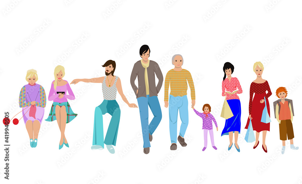 Set of different people wearing colorful clothes. Seated women and a man. Child, schoolboy. The woman knits a scarf. The women are walking from the store. Men for a walk. Colored flat vector. Isolated