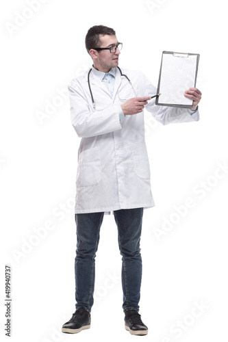 male doctor with clipboard . isolated on a white