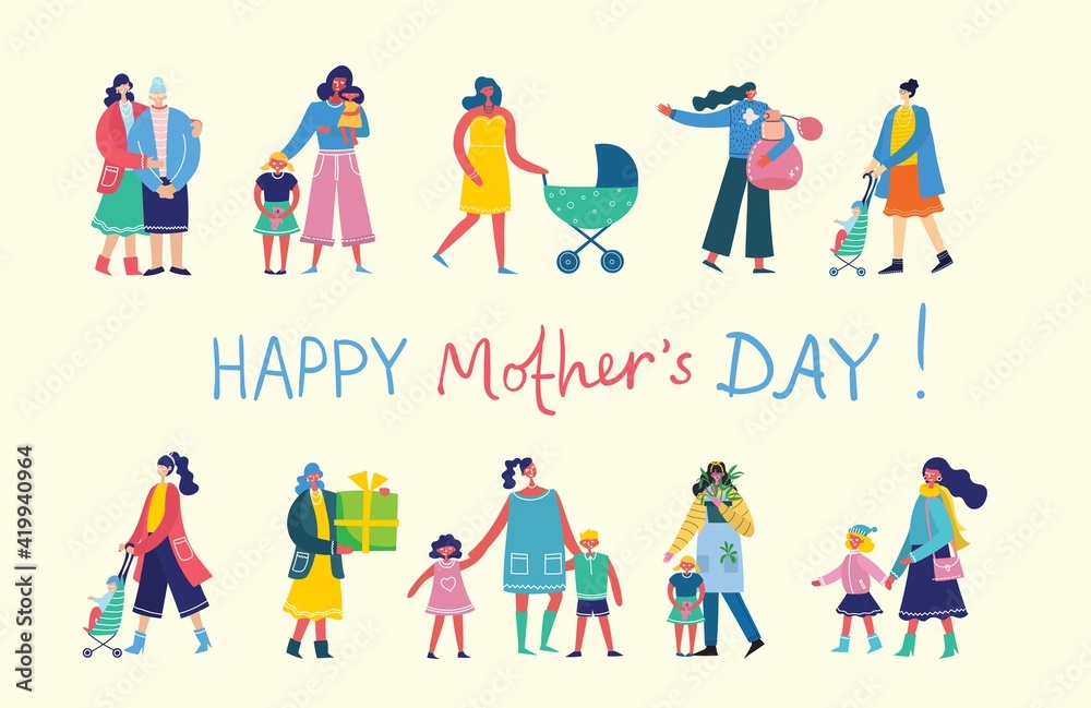 Colorful vector illustration concepts of Happy Mother's day . Mothers with the children for greeting cards, posters and backgrounds