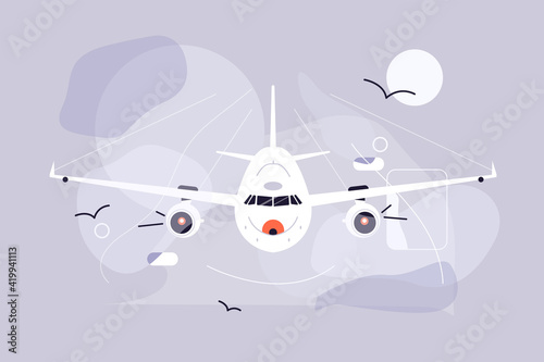 Airplane fly in sky vector illustration. Aircraft with passengers flat style. Commercial jet airplane take off. Time to travel, transport business concept. Isolated on grey background