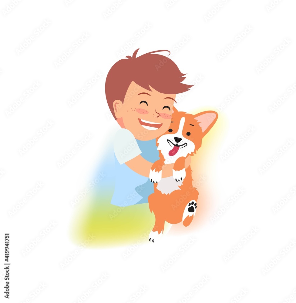 Cute little boy is hugging dog. Best friends ever vector illustration