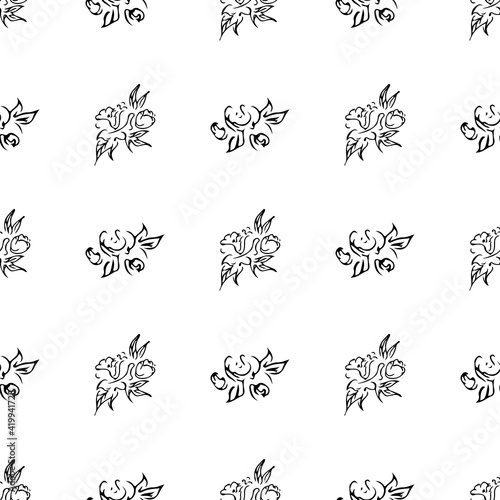 Doodle simple vector seamless pattern of hand-drawn peonies. Seamless random pattern of hand-drawn peonies. Isolated on white background.